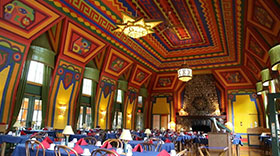 Colorful interior of Naniboujou Lodge dining room
